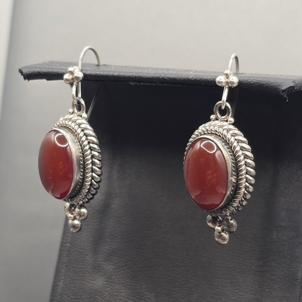 Sterling Silver Carnelian Dangle Earrings 1.5" Rope Accent Signed BA Drop Style